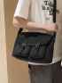White Messenger Bag Square Buckle Zipper Flap Adjustable-strap Polyester