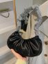 Rhinestone Decor Ruched Bag PU Black