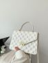 Small Square Bag With Turn Lock White Geometric Embossed Flap PU