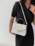 Small Square Bag With Turn Lock White Geometric Embossed Flap PU