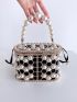 Hollow Out Box Bag Faux Pearl Decor Top Handle With Drawstring Inner Pouch