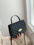 Small Square Bag Black Geometric Embossed Turn Lock Flap PU