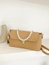Brown Square Bag Faux Pearl Decor Adjustable-strap Flap PU