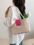 Vacation Straw Bag Double Handle Snap Button Zipper