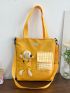 Letter Patch Plaid Detail Shopper Bag Cartoon Bear Decor
