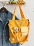 Letter Patch Plaid Detail Shopper Bag Cartoon Bear Decor