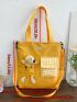 Letter Patch Plaid Detail Shopper Bag Cartoon Bear Decor