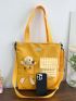 Letter Patch Plaid Detail Shopper Bag Cartoon Bear Decor