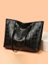 Embossed Detail Shoulder Tote Bag Letter Decor Large Capacity