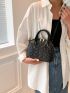 Geometric Embossed Dome Bag Small Double Handle Black