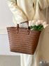 Brown Straw Bag Vacation Studded Decor Double Handle