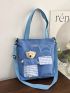 Gingham Detail Shopper Bag Letter Patch & Cartoon Bear Decor