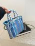 Colorblock Straw Bag Small Drawstring Design Vacation