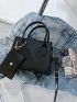 Snakeskin Embossed Square Bag With Coin Purse Black