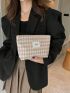 Houndstooth Pattern Make Up Bag Fashionable Letter Patch Decor Zipper Polyester