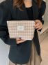 Houndstooth Pattern Make Up Bag Fashionable Letter Patch Decor Zipper Polyester