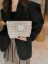 Houndstooth Pattern Make Up Bag Fashionable Letter Patch Decor Zipper Polyester