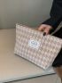 Houndstooth Pattern Make Up Bag Fashionable Letter Patch Decor Zipper Polyester