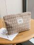 Houndstooth Pattern Make Up Bag Fashionable Letter Patch Decor Zipper Polyester