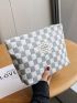 Checkered Pattern Make Up Bag Fashionable Letter Patch Decor Zipper Polyester