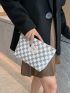 Checkered Pattern Make Up Bag Fashionable Letter Patch Decor Zipper Polyester