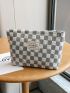 Checkered Pattern Make Up Bag Fashionable Letter Patch Decor Zipper Polyester