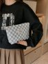 Checkered Pattern Make Up Bag Fashionable Letter Patch Decor Zipper Polyester