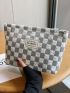 Checkered Pattern Make Up Bag Fashionable Letter Patch Decor Zipper Polyester