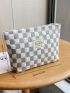 Checkered Pattern Make Up Bag Fashionable Letter Patch Decor Zipper Polyester