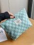 Checkered Pattern Make Up Bag Fashionable Letter Patch Decor Zipper Polyester