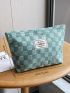Checkered Pattern Make Up Bag Fashionable Letter Patch Decor Zipper Polyester