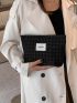 Houndstooth Pattern Make Up Bag Fashionable Letter Patch Decor Zipper Polyester