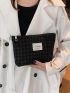 Houndstooth Pattern Make Up Bag Fashionable Letter Patch Decor Zipper Polyester