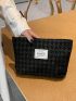 Houndstooth Pattern Make Up Bag Fashionable Letter Patch Decor Zipper Polyester
