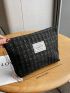 Houndstooth Pattern Make Up Bag Fashionable Letter Patch Decor Zipper Polyester