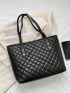 Black Shoulder Tote Bag Elegant Argyle Quilted Studded Decor PU