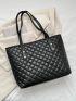 Black Shoulder Tote Bag Elegant Argyle Quilted Studded Decor PU