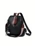 Litchi Embossed Classic Backpack Black Zipper Front Decor For Daily