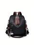 Litchi Embossed Classic Backpack Black Zipper Front Decor For Daily