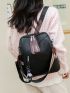 Litchi Embossed Classic Backpack Black Zipper Front Decor For Daily