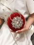 Mini Circle Bag Neon Red Rhinestone Decor Ring Handle Design Chain For Party