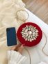 Mini Circle Bag Neon Red Rhinestone Decor Ring Handle Design Chain For Party