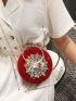 Mini Circle Bag Neon Red Rhinestone Decor Ring Handle Design Chain For Party
