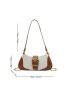 Medium Baguette Bag Colorblock Buckle Decor Zipper Chain