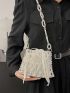 Mini Bucket Bag Pearl Beaded Drawstring Design, Clear Bag