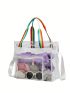 Clear Beach Bag Multi-Pocket Rainbow Striped Handle