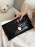 Crocodile Embossed Envelope Bag Black Metal Decor Flap
