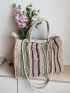Colorblock Straw Bag Large Capacity Double Handle For Vacation