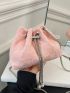Mini Bucket Bag Checkered Embossed Drawstring Design Faux Pearl Decor Chain Pink Polyester