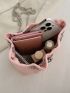 Mini Bucket Bag Checkered Embossed Drawstring Design Faux Pearl Decor Chain Pink Polyester